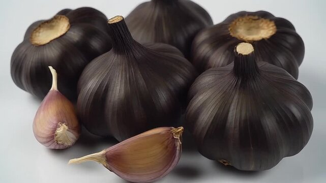 black garlic on white background rotating