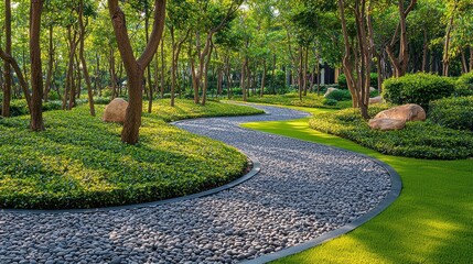 Fototapeta premium Curving stone path through green grass and trees in a peaceful garden