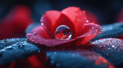 Dewdrop on red flower blossom with dark textured background
