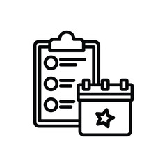 Line drawing showing a clipboard with circles and lines next to a calendar with a star