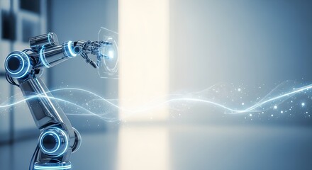 Robotic Arm Interacting with Futuristic Digital Interface and Flowing Data Stream