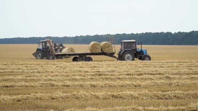 Tractor loading bales of hay on trailer.
