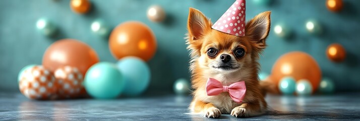 Cute chihuahua wearing a party hat and bow tie at a festive celebration with colorful balloons in the background