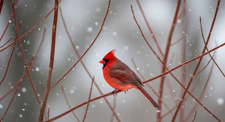A bright red male northern cardinal perched on a winter branch in a snowy landscape during the daytime
