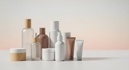 Minimalist Skincare and Cosmetic Product Display with Natural and Earthy Tones