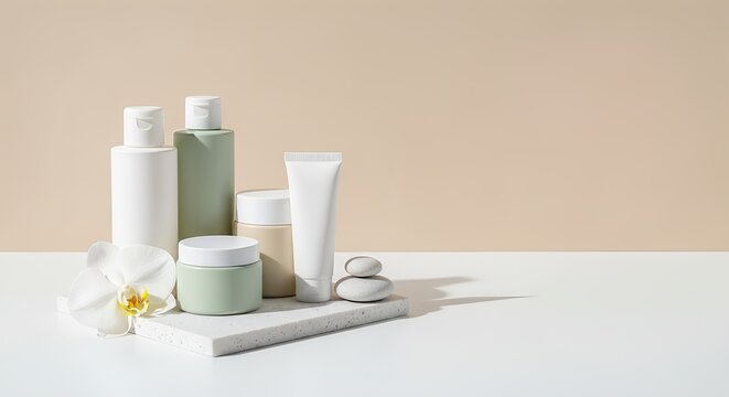 Minimalist Skincare and Beauty Product Set with Natural Elements and Copy Space