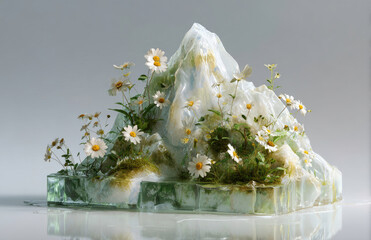 Pristine white daisies flourish on an ethereal ice mountain, a serene natural