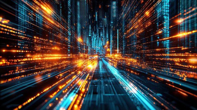 Abstract digital cityscape with glowing lines converging in a blurred perspective - Powered by Adobe