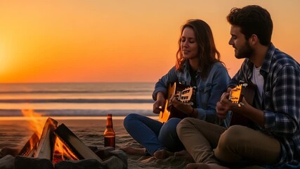 Couple playing guitar by campfire on beach at sunset, enjoying vacation