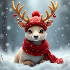 A cute deer illustration, suitable for the winter holiday season. The animal wears a red scarf and a matching hat with antlers adorned with ornaments.