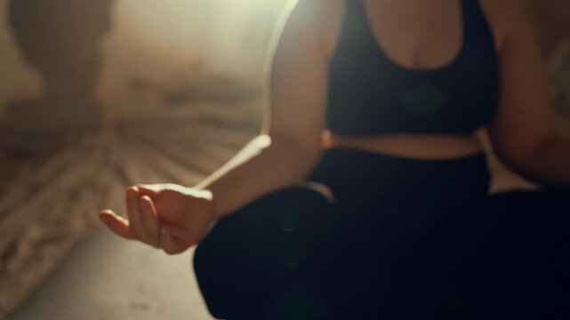 Pregnant woman meditating, practicing yoga in studio in sunny morning, closeup. Body positivity and pregnancy, mindful practice and meditation for body and soul health, sitting in lotus position