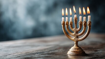 A beautiful gold candelabra with six lit candles is placed on a wooden table. The candles are evenly spaced and the candelabra is positioned in the center of the table