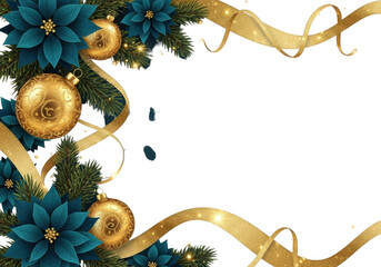 Elegant teal poinsettias and gold ornaments with ribbons isolated on transparent background
