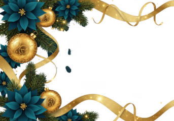 Elegant teal poinsettias and gold ornaments with ribbons isolated on transparent background