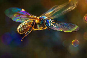 The iridescent sheen of a bee wings as it hovers in mid-air