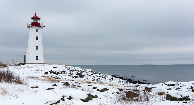 A classic white lighthouse stands on a snowy coastal landscape with a red cap on a cloudy winter day.