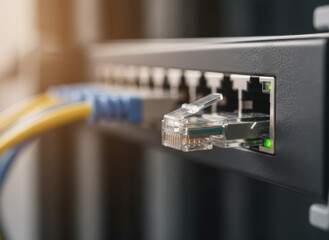Connected: Close-up View of an Ethernet Cable Plugged into a Network Switch with Activating Green LED Lights