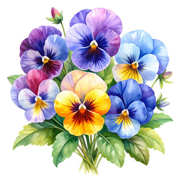 Colorful pansy flowers bouquet including purple, yellow, and blue blooms isolated on a white background for a bright spring garden look