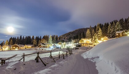 A magical winter wonderland village with festive Christmas lights under a full moon and starry sky