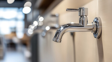 display of chrome taps and valves in plumbing department of hardware store, neatly arranged in vertical rows with bright lighting