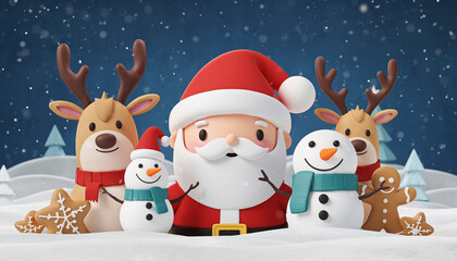 Cheerful Christmas Scene Santa, Reindeer, Snowmen, and Gingerbread on Snowy Landscape