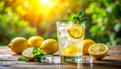 Fototapeta premium Refreshing Iced Lemonade Drink with Mint in Sunny Garden