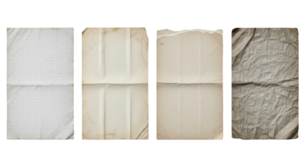 Four old papers with horizontal and vertical folds isolated PNG with Transparent Background