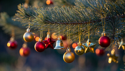 Christmas Ornaments Hanging on Pine Branch Sparkling Holiday Decorations Christmas tree