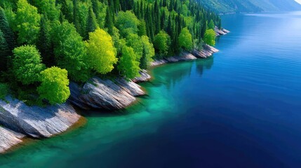 Lush Green Forested Cliffs Meet Azure Blue Water Under Bright Daylight Creating a Serene Natural Landscape Scene