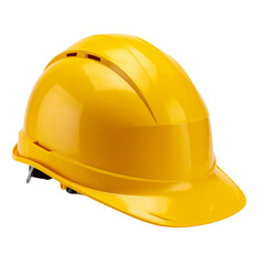 Fototapeta premium Isolated yellow plastic construction hard hat for worker safety and head protection equipment