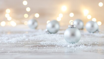 Elegant Christmas ornament with snow and bokeh lights on a wooden surface, festive winter decoration