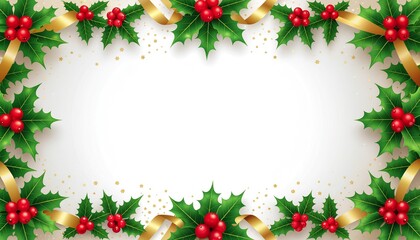 Elegant Christmas background frame with festive holly leaves, red berries, and gold ribbon bows