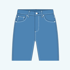 A flat illustration of a pair of blue denim shorts with white stitching and pockets.