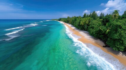 Lush Tropical Forest Borders a Pristine Sandy Beach with Turquoise Ocean Waves Under a Clear Blue Sky
