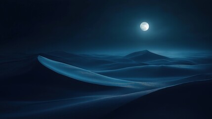 Dark blue night desert with moonlight shining on sand dunes creating mystery and tranquility for wallpaper design
