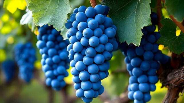 Fresh blue grapes hanging on vines in a sunlit vineyard during harvest season