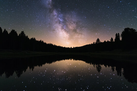 The Milky Way stretches across the night sky, its brilliance mirrored in tranquil forest lake
