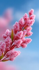 Macro Image Of Blooming Pink Flowers With Green Leaves Against A Soft Blue Sky With White Clouds Detailed Petals And Stems