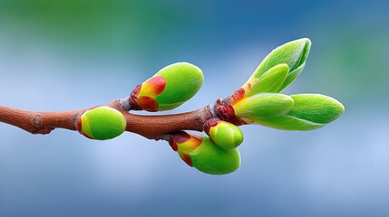 Macro CloseUp Spring Buds Emerging From A Branch With Dew Drops In Soft Blue And Green Blurred Background
