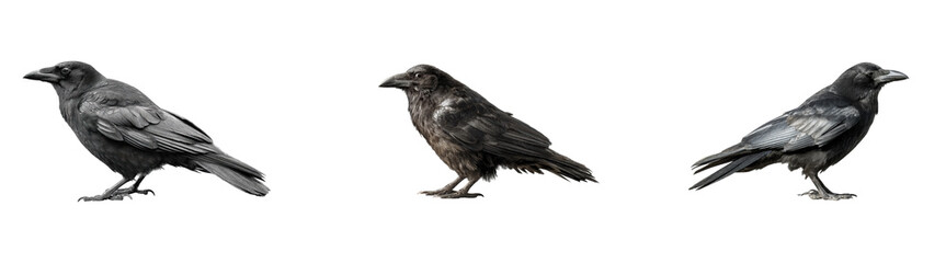 Fototapeta premium Three dark ravens standing against a black background