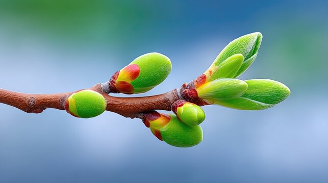 Macro CloseUp Spring Buds Emerging From A Branch With Dew Drops In Soft Blue And Green Blurred Background - Powered by Adobe