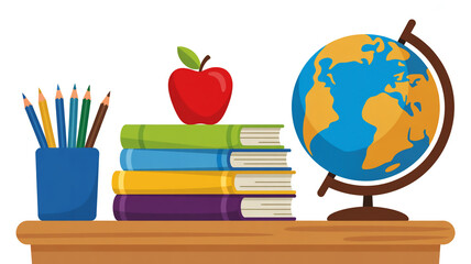 Stack of colorful books with globe pencils and apple on wooden desk