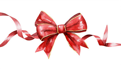 Elegant watercolor illustration of a festive red bow with a shiny ribbon isolated on white