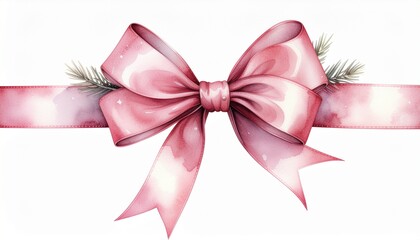 Elegant Pink Bow Watercolor with Festive Greenery for Holiday and Celebration Design