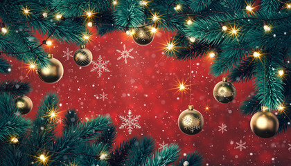 Festive Christmas Background with Golden Ornaments, Snowflakes, and Evergreen Branches