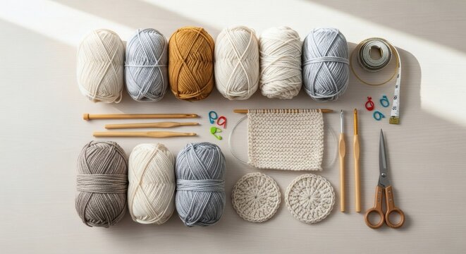 An organized flat lay of knitting and crochet supplies, including neutral-colored yarn skeins, bamboo needles, and crafting tools for a cozy hobby