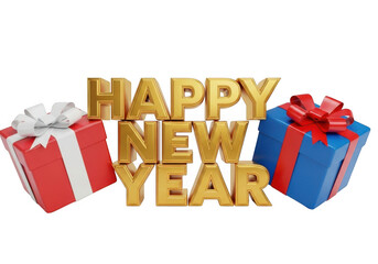 Golden happy new year text with festive gift boxes isolated on transparent background