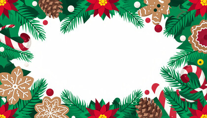 Vibrant Christmas holiday festive frame with seasonal decorations, pine branches, and poinsettias