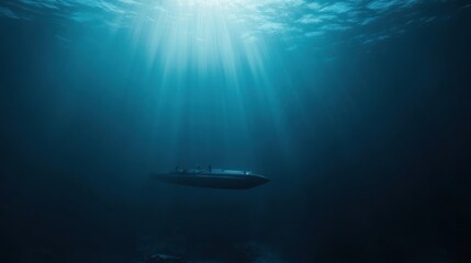 Fototapeta premium Deep ocean submarine, sun rays, seabed background, underwater exploration
