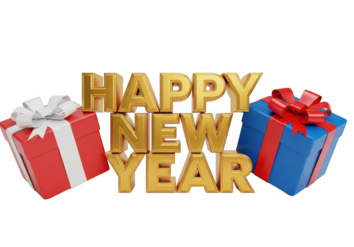 Golden happy new year text with festive gift boxes isolated on transparent background